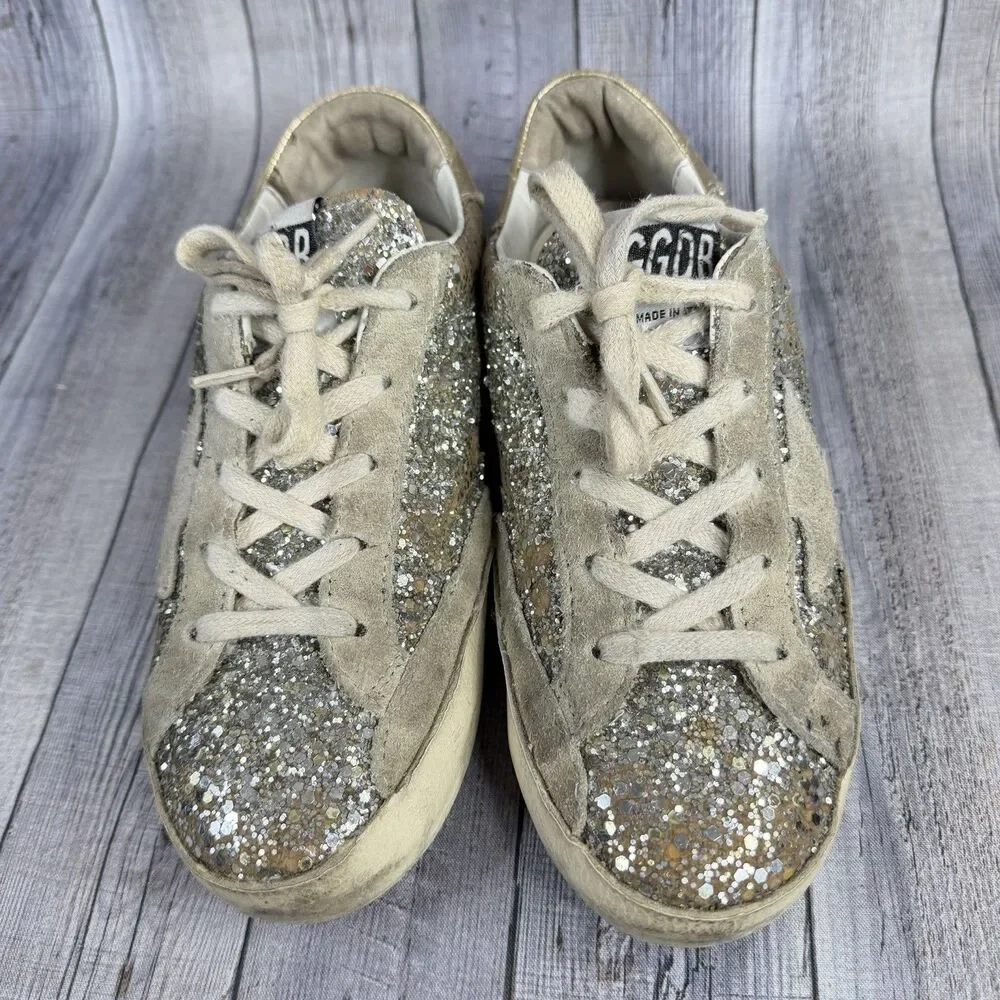 Golden Goose Super-Star Girls Size 1.5Y EUR 34 Silver Glitter Shoes Sneakers